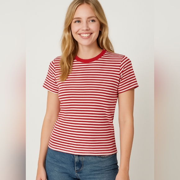 New Vintage 90s Red White Striped Baby Tee Fitted T-Shirt Retro Grunge Indie M - Picture 1 of 8